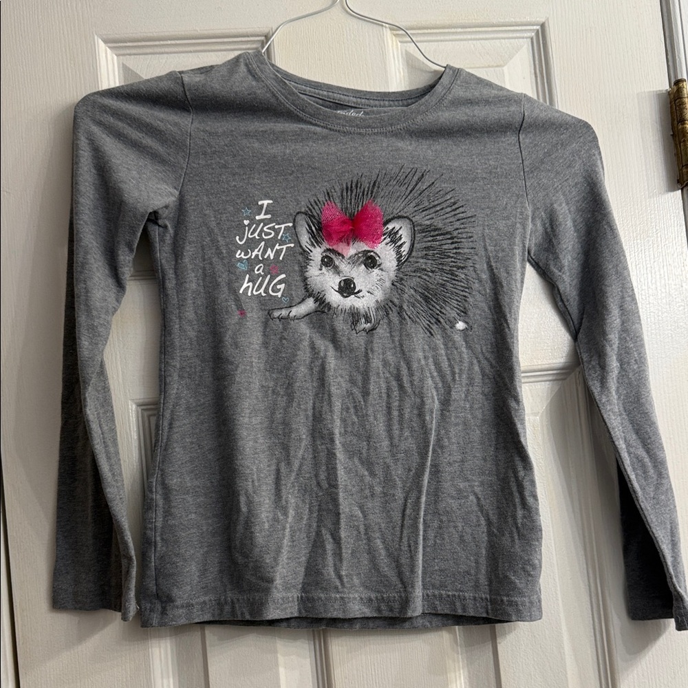 Faded Glory Gray Long Sleeve Tee with Pink Bow size 7-8